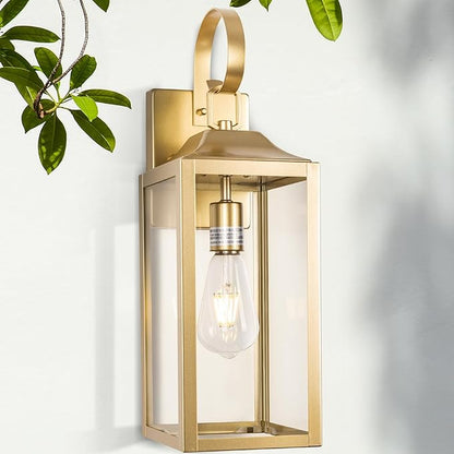 Large Outdoor Wall Lantern 19", Gold Outside Farmhouse Wall Sconce Light Fixture, Industrial Wall Mount Light with Glass, Waterproof Modern Porch Lighting Exterior Lamp for House Garage