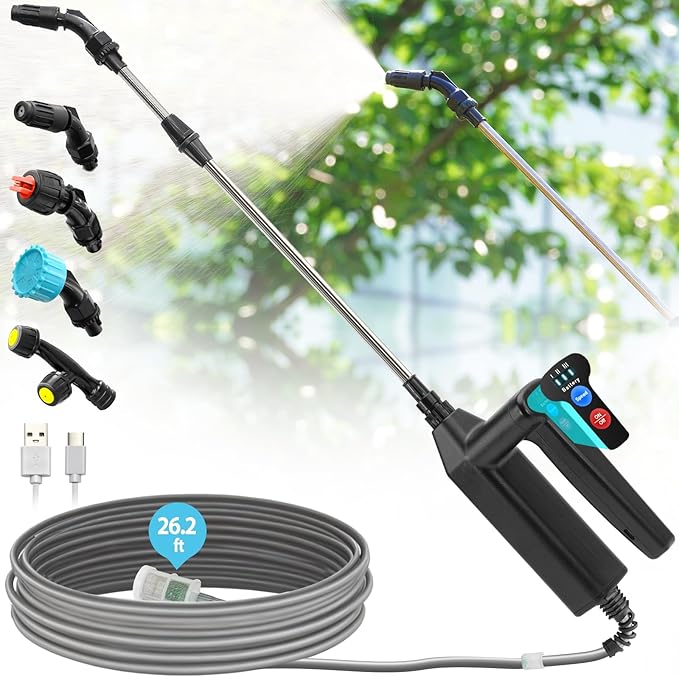 Battery Powered Sprayer Wand, 32 Inch Garden Sprayer Telescopic Wand with 3 Adjustable Speeds, Battery Indicator, 26.2 FT Hose, 7.4V Rechargeable Water Sprayer Wand with 4 Adjustable Nozzles & Filter