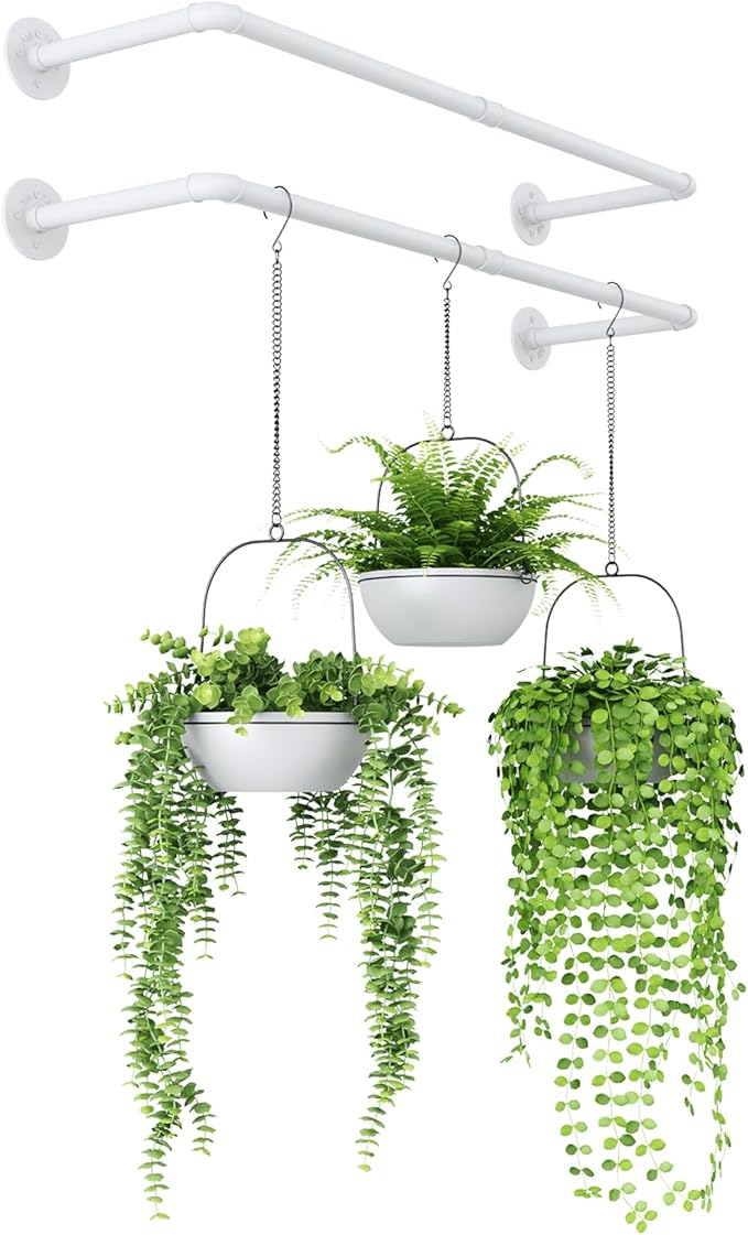 Bamworld Hanging Planters 2PCS for Indoor Plants Hanging Plant Holder Plant Hanger Indoor Ceiling Window Plant Shelves Wall Mount Black Metal Rod(Pot&Plant Not Included) White