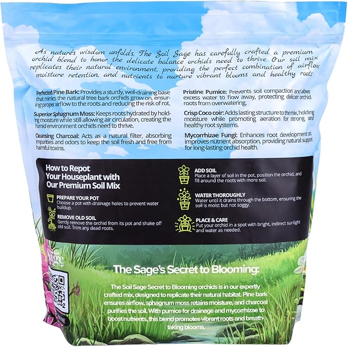 Soil Sage Premium Orchid Potting Mix - 5 qt. U.S.A. Made Orchid Soil Blend with Pine Bark, Sphagnum Moss, Charcoal, Coconut Coir, Pumice, & Mycorrhizae for Healthy Roots - Improved Drainage & Blooms