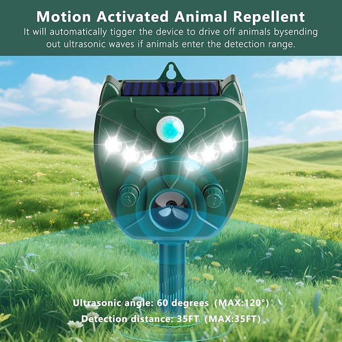 2 Pack 2025 Upgraded Solar Ultrasonic Animal Repellent Outdoor – Motion Activated Deer, Squirrel, Cat, Raccoon, Dog & Bird Deterrent with Multi-Frequency LED Strobe & Ultrasonic Sweep for Garden Yard