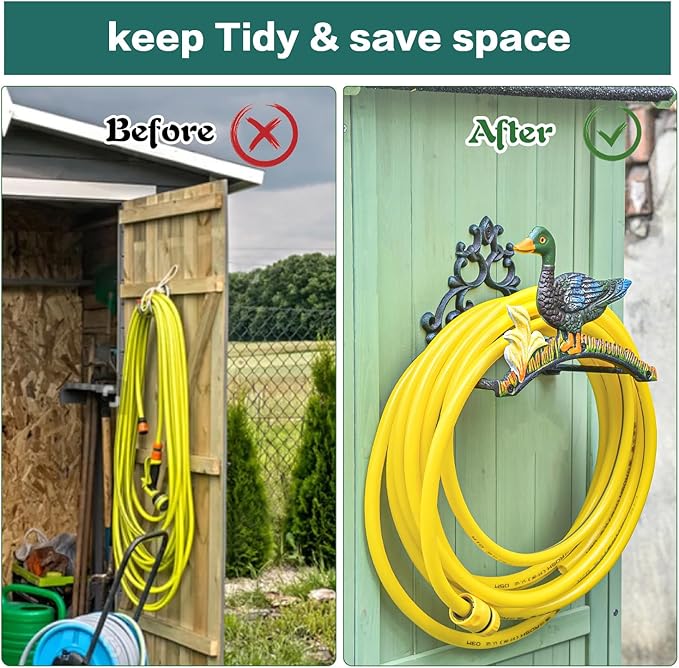 Sungmor Heavy Duty Cast Iron Garden Hose Holder | Water Hose Hanger Wall Mounted | Decorative Indoor Outdoor Hose Rack Reel | 50FT 75FT 100FT Water Hose Bulter Storage | Lovely Duck Metal Hose Stand