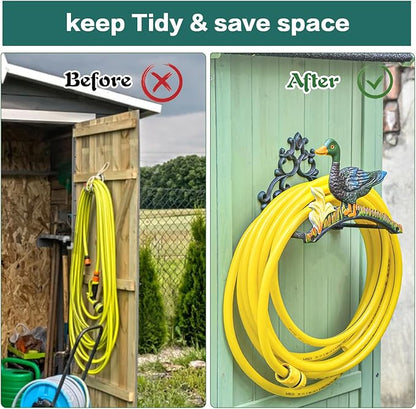 Sungmor Heavy Duty Cast Iron Garden Hose Holder | Water Hose Hanger Wall Mounted | Decorative Indoor Outdoor Hose Rack Reel | 50FT 75FT 100FT Water Hose Bulter Storage | Lovely Duck Metal Hose Stand
