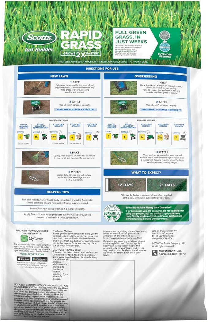 Scotts Turf Builder Rapid Grass Sun and Shade Mix, Combination Grass Seed and Fertilizer, Grows Green Grass in Just Weeks, 16 lbs.