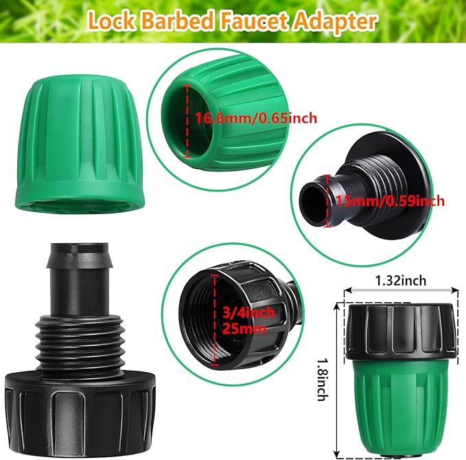 Drip Irrigation Fittings for 1/2 Inch Drip Tubing, 24 Pcs 1/2" Drip Line Barbed Locked Nut Connectors - 5 Couplings 4 Tees 4 Reducing Tees 4 End Caps 3 Elbows 2 Valves 2Pcs 3/4" Faucet Adapters