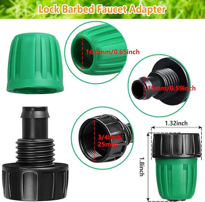 Drip Irrigation Fittings for 1/2 Inch Drip Tubing, 24 Pcs 1/2" Drip Line Barbed Locked Nut Connectors - 5 Couplings 4 Tees 4 Reducing Tees 4 End Caps 3 Elbows 2 Valves 2Pcs 3/4" Faucet Adapters