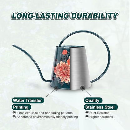 Berry&Bird House Plants Watering Can - Indoor & Outdoor 1/2 Gallon Stainless Steel Water Can with Long Spout Garden Decoration for Flower Bonsai Succulent Gardening Large Watwer Bottle(2L/68oz,Dahlia)