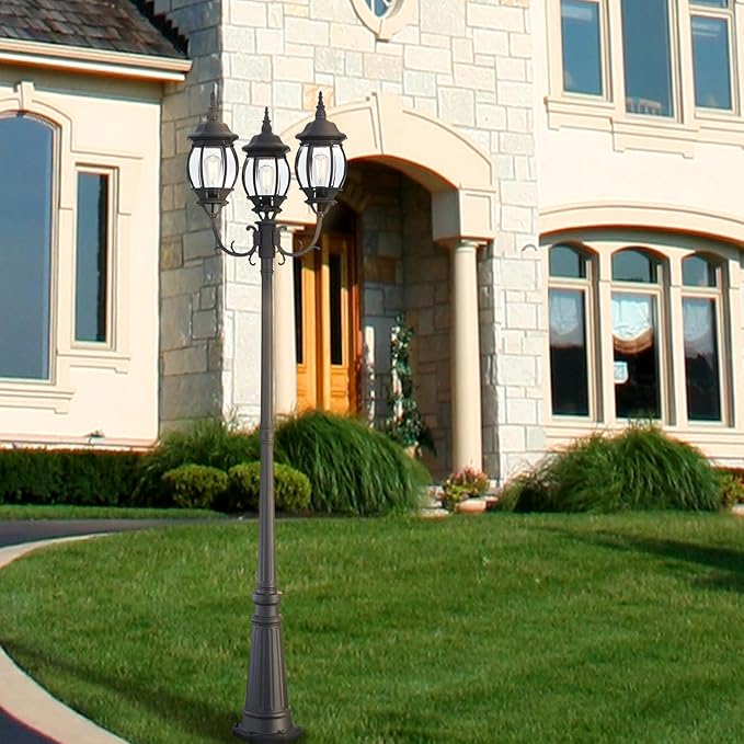 94 Inch 3-Light Post Lantern For Patio Lawn Pathway Triple-Head Post Light For Front Yard Outdoor Street Light 94” Exterior Pole Lights,Aluminium Alloy,Clear Glass Shade,E26(Bulbs Not Included)