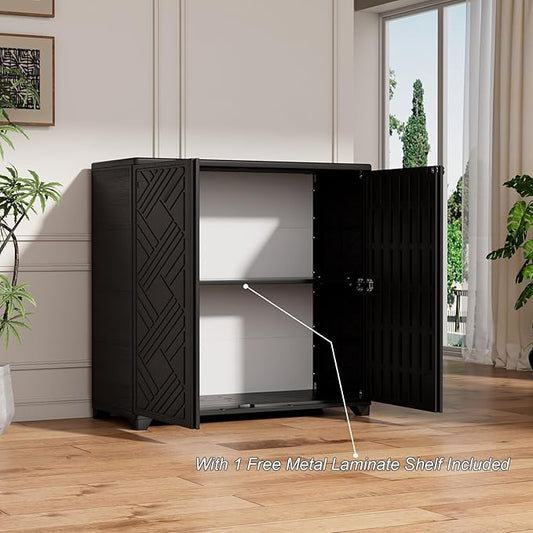 HOMSPARK Indoor/Outdoor Storage Cabinet with Doors and 1 Shelf, 34”x15”x34” HDPE Plastic Storage Box for Bedroom, Bathroom, Living Room, Balcony, Multi-Purpose for Daily Tools, Black
