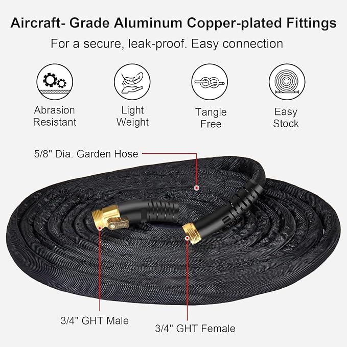 100Ft Non-Expandable Garden Hose, Flexible Water Hose with 10-Pattern Spray Nozzle, Lightweight Hose Pipe, Kink-Free, Leak-Proof, 3/4" Solid Metal Fittings (Black)