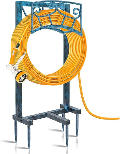 Garden Hose Holder, Heavy Duty Metal Water Hose Holders Hose Stand with 5 Spikes, Freestanding Hose Storage Rack Hose Hanger Holds 150ft Hose for Outside Yard Lawn Garden Decor (Retro Blue)