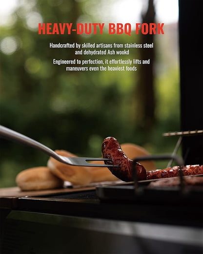 Heavy-Duty Heat-Treated Ash Wood BBQ Grilling Tools Set | Extra-Thick Stainless Steel Spatula, Fork & Tongs | Essential Barbecue Accessories, for Grill Enthusiasts