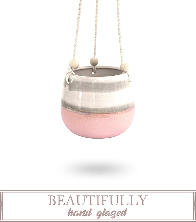 23 Bees Ceramic Hanging Planter, Pink White Succulent Pots, Round Plant Holder Container, Cactus Pot with Cotton Rope Hanger, Indoor Outdoor Decor, (1 Pack x Pink Horizon)