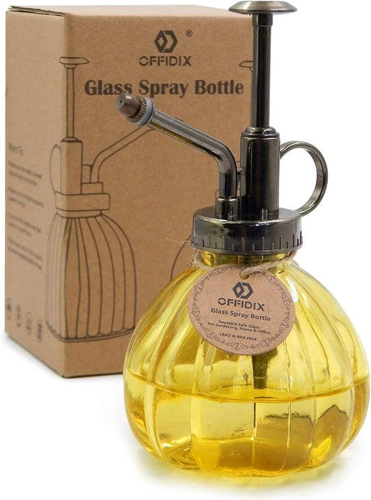 OFFIDIX Yellow Glass Watering Can Indoor, 6.3" Tall Vintage Style with Bronze Plastic Top Pump One Hand Spray Bottle