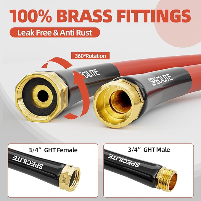 SPECILITE 5/8" Hot/Cold Short Leader Garden Water Hose 15 ft, -50℉-190℉, Flexible & Lightweight Rubber Pipes With 3/4" Brass Fittings for Yard, Outdoor, Farm, Red