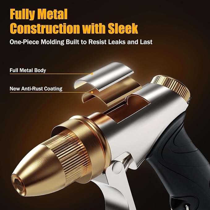 Heavy Duty Brass Garden Hose Nozzle High Pressure Metal Water Spray Nozzle with 4 Adjustable Patterns for Garden Watering, Car Washing & Pet Bathing (Brass)