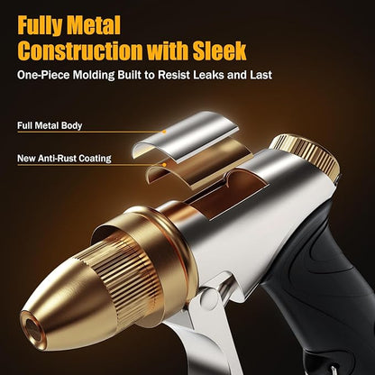 Heavy Duty Brass Garden Hose Nozzle High Pressure Metal Water Spray Nozzle with 4 Adjustable Patterns for Garden Watering, Car Washing & Pet Bathing (Brass)