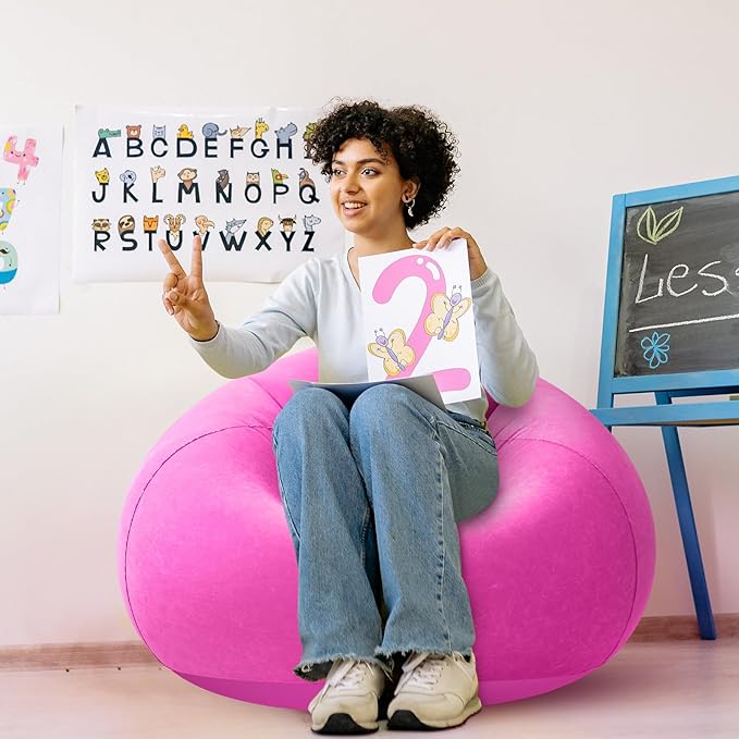 Realspring Inflatable Bean Bag Chairs Outdoor Blow up Camping Chairs Inflatable Lazy Sofa Folding Portable Bean Bag Loungers Couch for Movie Night(Pink,Lake Blue,2 Pcs)