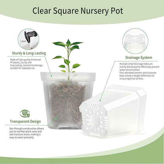 Clear Nursery Pots 30 Pcs 2.7 Inch Square Plastic Plant Pots with Drainage Hoels Transparent Flower Pot Seed Starter Pot