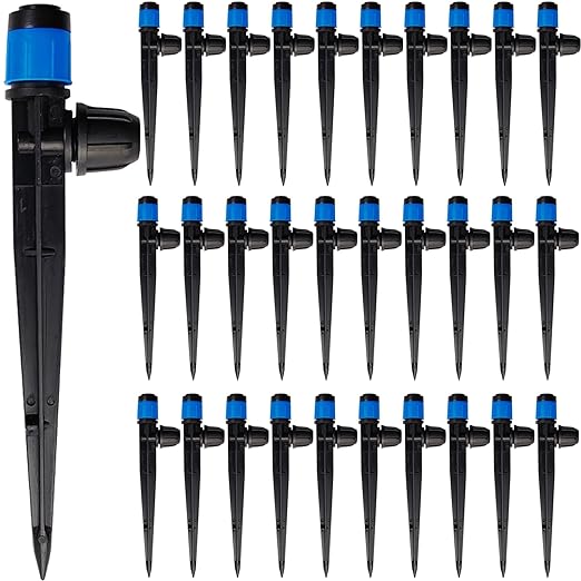 GXXMEI 30PCS Drip Irrigation Emitters with Stake, 360°Adjustable Fan Sprayer Water Flow Lock Barbed Dripper for 1/4" Drip Irrigation Tubing Garden Irrigation Sprayer for DIY Garden Irrigation System