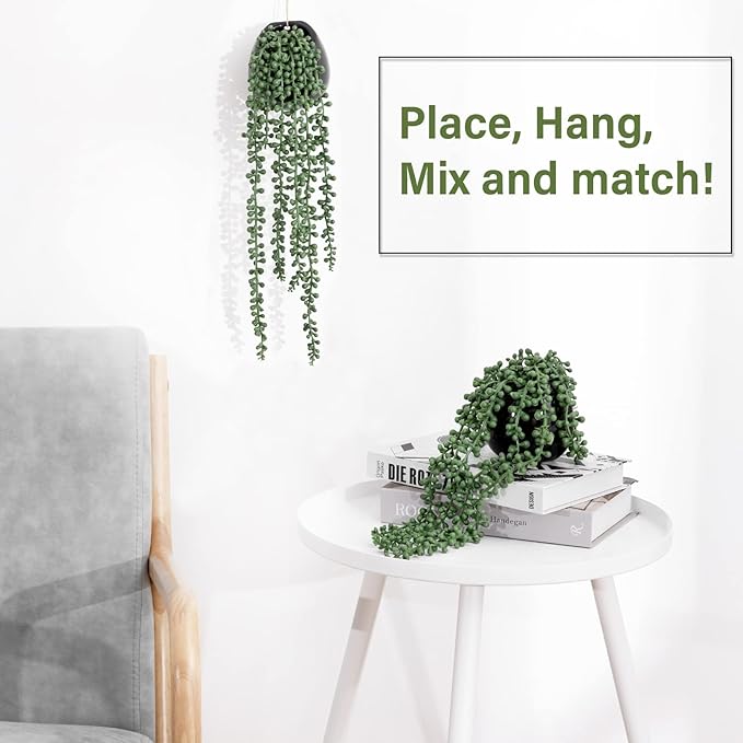 Tiita Artificial Hanging Plants, Faux Succulents in Pots, Realistic String of Pearls Plants for Home Office Accessories Window Sill Bathroom Bedroom Fake in Black Ceramic Pots, Set of 2