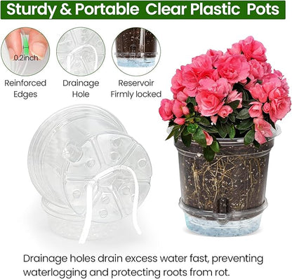 MIXC 12 Packs 5 Inch Self Watering Pots for Indoor Plants - Clear Nursery Plant Pots with Drainage, Deep Visible Reservoir - Flower Planter Outdoor with Wicking Rope