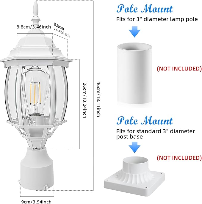17” White Outdoor Post Light Fixture, Pole Mount Outside Light for Garden Entrance Driveway White Pillar Lantern 17 Inch Pier Mount Outdoor Lamp Post for Front Yard