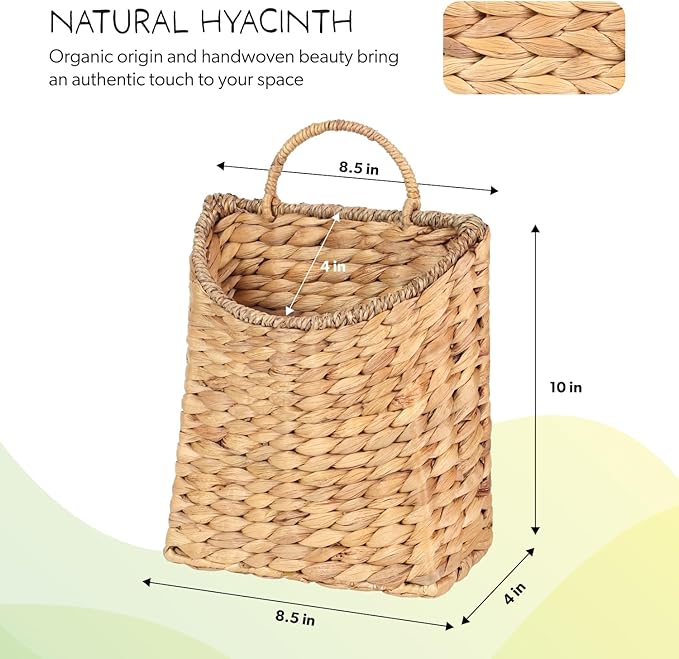 Woven Hanging Water Hyacinth Baskets, Hanging Wall Wicker Basket, Handmade Organizer Baskets, Hanging Flower Basket for Shelves, Walls, Doors, Balconies, Front of House, Garden, Farmhouse, Home.