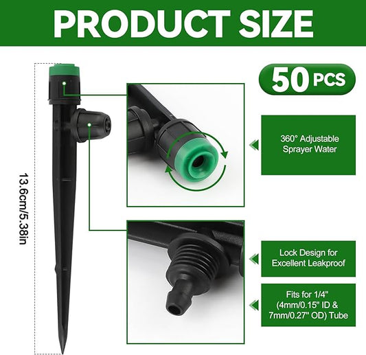 50PCS 1/4” Drip Irrigation Drippers with Lock, Kalolary Drip Irrigation Emitters for 4/7mm Tube, Adjustable 360 Degree Vortex Water Flow Sprayer Micro Spray Drip System Parts for Lawn Yard Pot (Green)