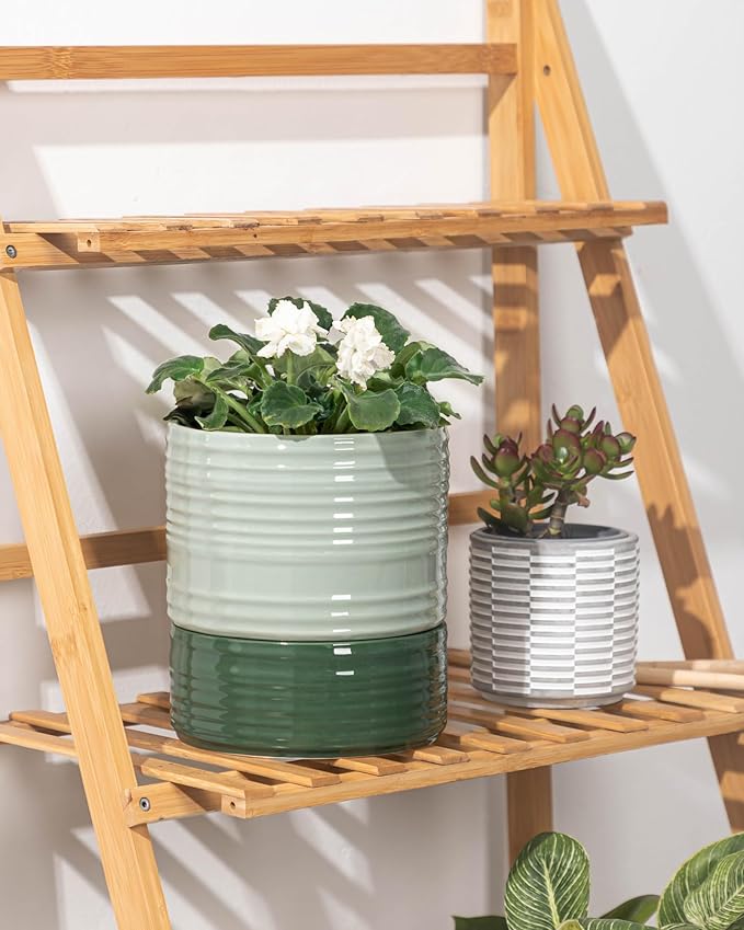 Self Watering Pots for Indoor Plants, 6 Inch Ceramic Self Watering Plant Pot, Planter Pot with Wick Rope and Drainage Hole for African Violet Succulent Herbs (Green Light)