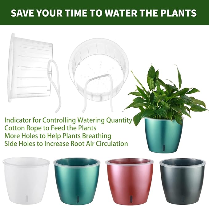 Self Watering Pots for Indoor Plants, 12-Pack 5'' Self Watering Planter with Drainage Holes, Small African Violet Pots with Water Indicator, Clear Wick Pot, White/Black/Blue/Rose Gold