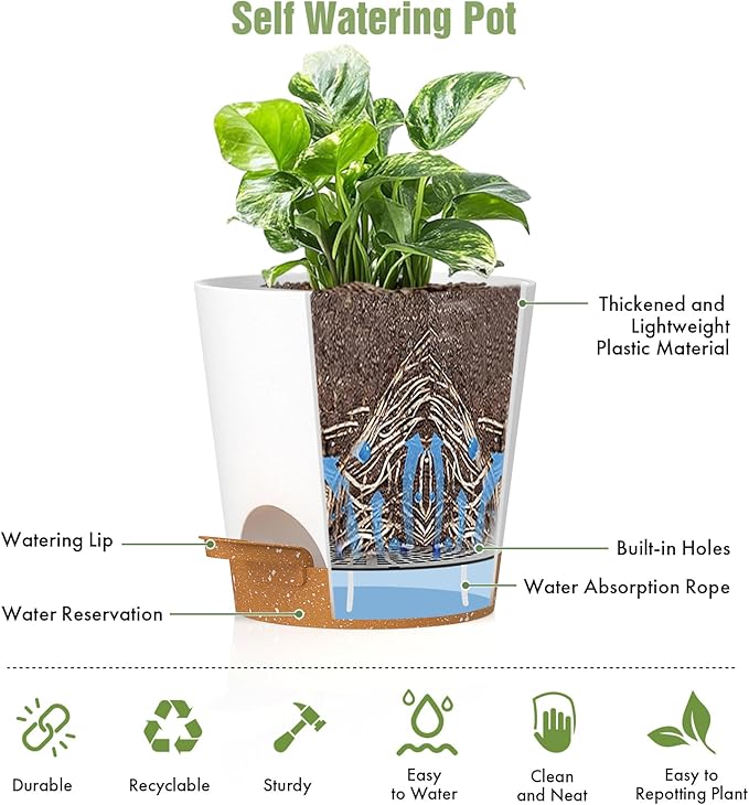 4 inch Self Watering Pots for Indoor Outdoor Plants, 6 Pack Plastic Flower Planters with Drainage Holes and Removable Saucers, Plant Pots with Wicking Rope, Modern Decor, White Brown