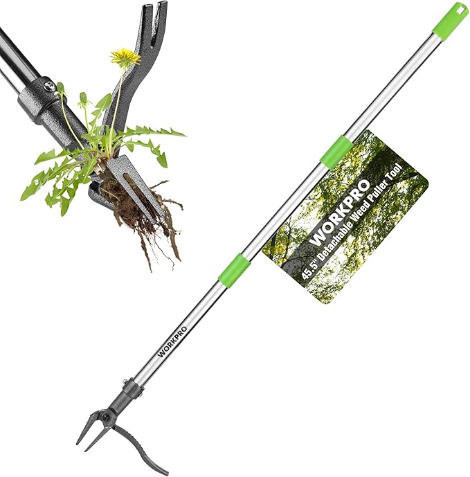 WORKPRO Weed Puller Tool with Long Adjustable Handle (33", 46"), Stand Up Heavy Duty Weed Remover- 4 Claw Steel Head & Foot Pedal for Easy Weeding, Detachable Dandelion Picker for Lawn/Yard/Garden