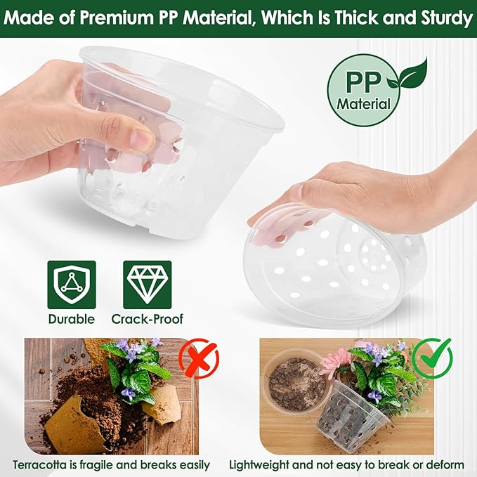 12 Pack Plastic Orchid Pots with Holes,5 Sizes 3, 4, 5, 6,7 Inch Clear Orchid Pots for Repotting with Saucers Drainage and Plant Stakes, Large Small Breathable Orchids Planter Plant Pot