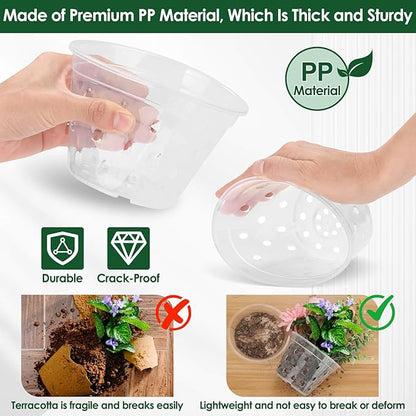12 Pack Plastic Orchid Pots with Holes,5 Sizes 3, 4, 5, 6,7 Inch Clear Orchid Pots for Repotting with Saucers Drainage and Plant Stakes, Large Small Breathable Orchids Planter Plant Pot