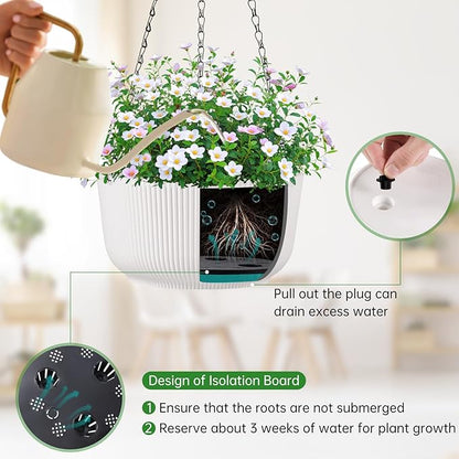 Set of 2 White 11.2 Inch Hanging Planters for Indoor Outdoor Plants, Self Watering Hanging Flower Pots with Drainage Hole & Plug