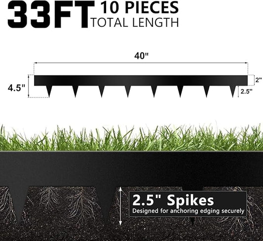 Worth Garden 10-Pack Galvanized Steel Landscape Lawn Edging - 4.5in H Black Powder Coated Bendable Metal Strips - Hammer-in Edging Border w/ 11 Clips - Yard Pathway Divider (33Ft Total)