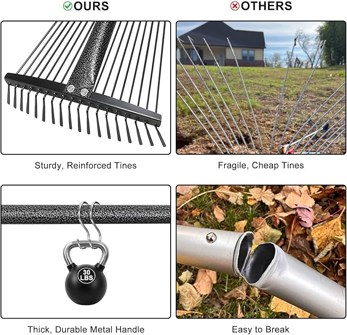 Expandable Rake for Leaves, Garden Leaf Rake for Lawns with 8-17“ Width & 65” Height - Lightweight Metal Yard Rakes for Women & Kids, for Pine Needles, Grass, Dog Poop - Easy Storage for RV & Camping