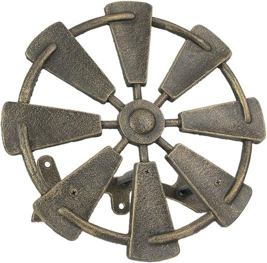 Bronze Finish Cast Iron Farmhouse Windmill Decorative Wall Mounted Garden Hose Hanger Outdoor Hose Holder Decor - 12 Inches in Diameter - Simple Installation