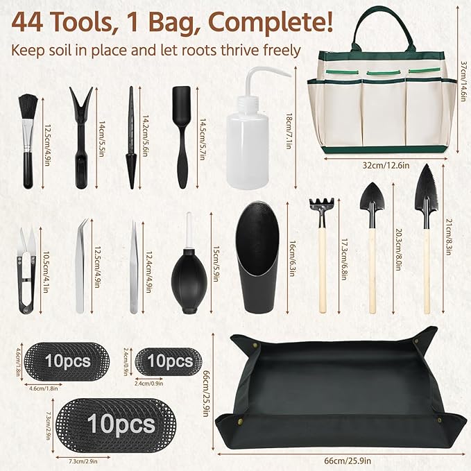 LASZOLA 45 pcs Repotting Set with Potting Mat Tiny Tools for Indoor Plants Succulents, Gardening Bag Kit with Waterproof Tray and Mini Tools, Ideal for Soil Replacement Seedling Transplanting, Black