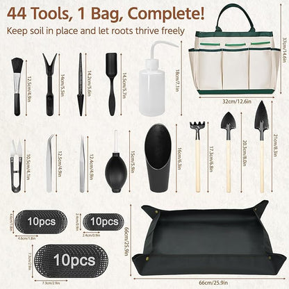 LASZOLA 45 pcs Repotting Set with Potting Mat Tiny Tools for Indoor Plants Succulents, Gardening Bag Kit with Waterproof Tray and Mini Tools, Ideal for Soil Replacement Seedling Transplanting, Black