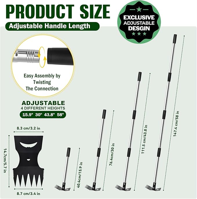 Weed Puller Tool with Long Handle - 58" Manual Weeder Remover Tool, 2 in 1 Hand Weed Rake and Garden Hoe for Gardening, Heavy Duty Uprooting Weeding Pull for Yard, Lawn, Patio and Garden