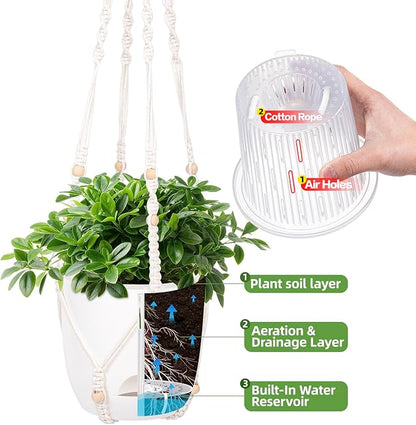 2-Pack 5.7-Inch Self-Watering Hanging Planters for Indoor & Outdoor Plants,34Inch Macrame Hanger Plant Pots Indoor with Drainage,Small Hanging Planters & Baskets,With Two Sets of Hooks（Pure white）