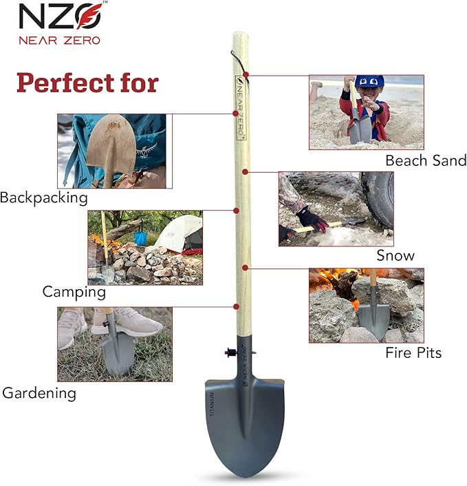 Near Zero Titanium Survival Shovel - Compact, Lightweight, & Collapsible Tactical Tool, Ideal for Backpacking, Camping, & Hiking, Sharpened Edge for Chopping Wood, Doubles as Frying Pan
