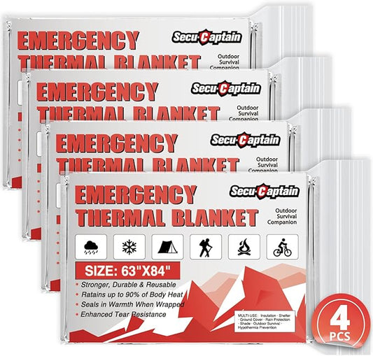 SecuCaptain Survival Emergency Thermal Blankets: Extra Large 84” x63” Space Mylar Blanket Kit for Outdoor Cold Winter Camping Hiking Car Bug Out Bag or First Aid - 4 Pack