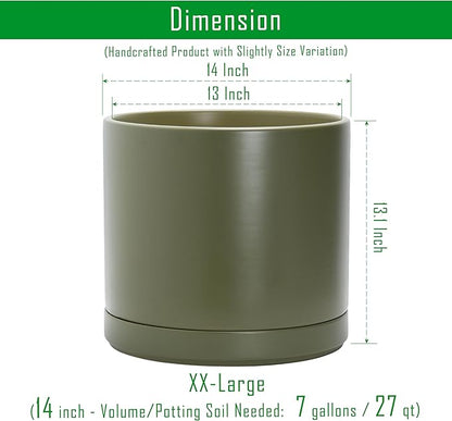 D'vine Dev 14 Inch Ceramic Planter Pot with Drainage Hole and Saucer, Indoor Cylinder Round Planter Pot, Olive, 94-O-G-J