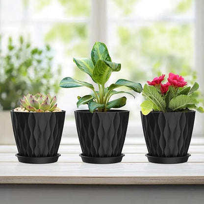 4 Inch Small Pots for Plants, 6 Pack Waffle Texture Small Plant Pots for Succulents, Plastic Planter with Drainage Holes and Saucers for Indoor Outdoor Plants, Flowers, Herbs, Seedlings,Black
