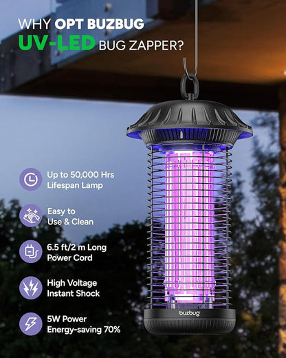 Buzbug LED Bug Zapper Indoor Outdoor, Up to 50,000 Hours Lifespan Lamps, 6.5 ft Power Cord, High-Voltage, Mosquito Zapper, Fly Trap Mosquito Trap, Fly Killer Fly Zapper -MO008C