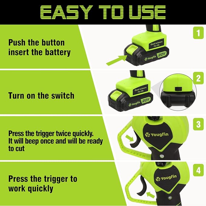 Electric Pruning Shears, Yougfin 1.12" Wood Ranger Power Shear with 2 * 20V Batteries Powered Pruning Shears for Gardening Power Pruners Cordless with SK5 Replacable Blade Effortless Safe System