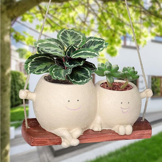 Swing Face Planter Pot Cute Hanging Double Head Flower Planters for Indoor Outdoor Plants Resin Succulent Pots for String of Pearls Plant Live Gift Ideas for Mother Teacher Christmas (Khaki)